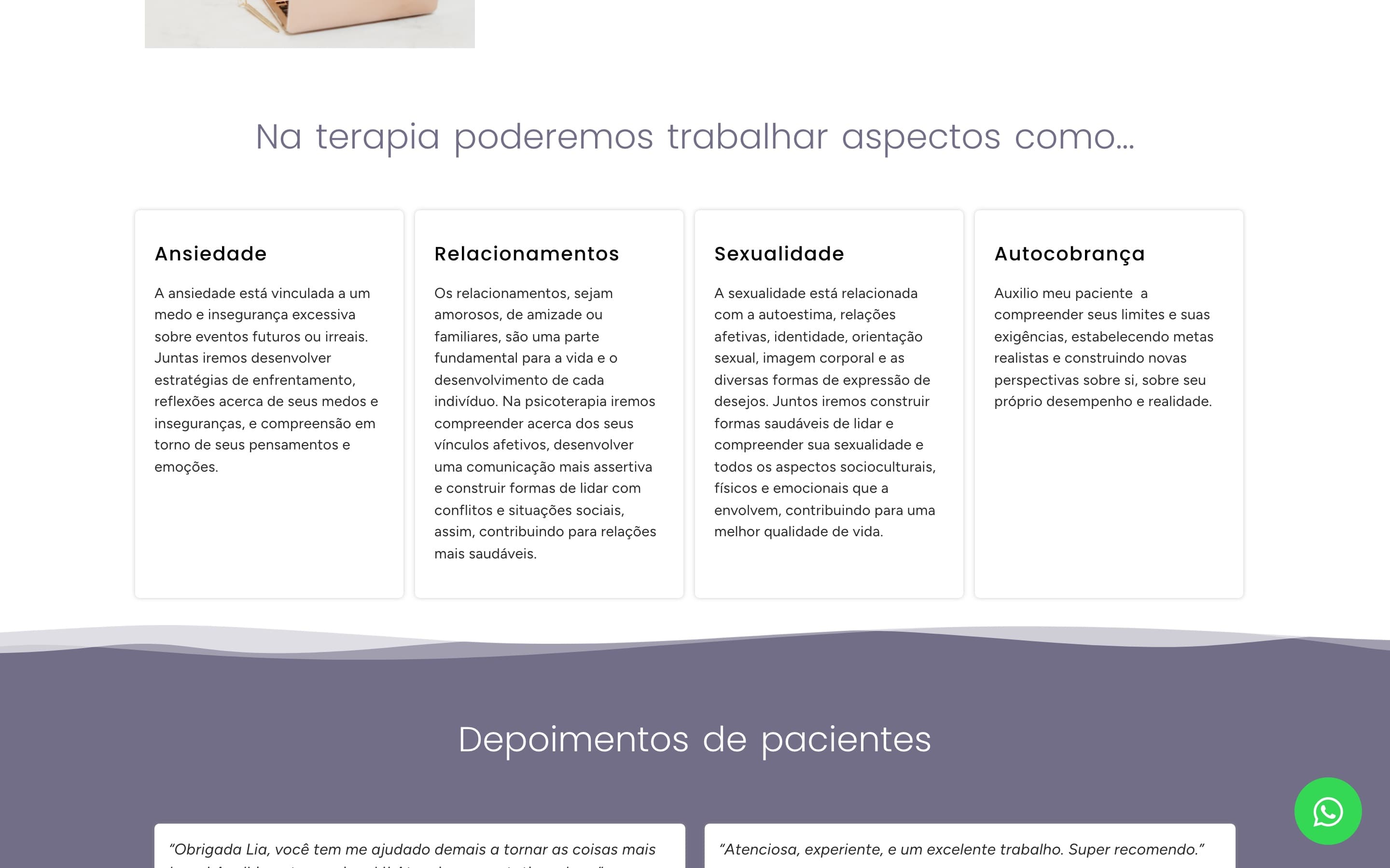 Seção “Na terapia poderemos trabalhar aspectos como...” do site anterior, com quatro cards de texto longo sobre ansiedade, relacionamentos, sexualidade e autocobrança