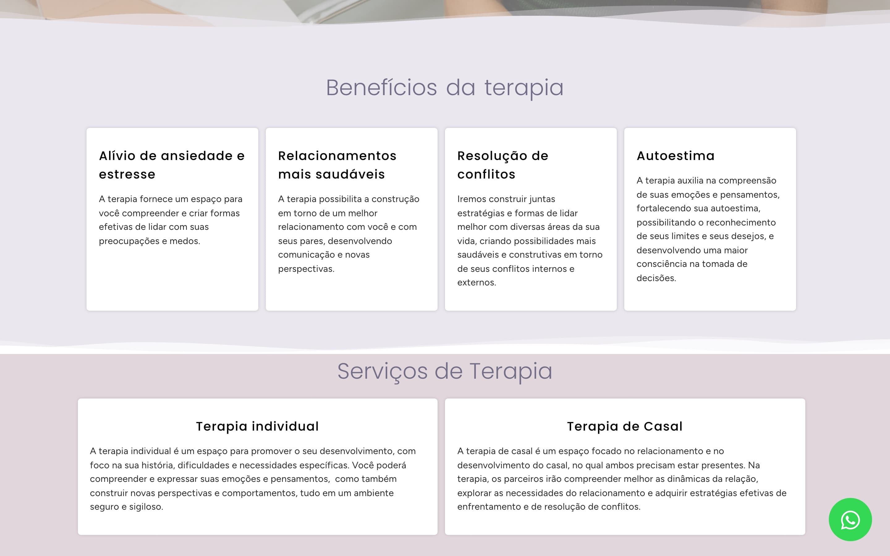 Seção “Benefícios da terapia” do site anterior, com quatro cards de texto sobre alívio de ansiedade, relacionamentos, resolução de conflitos e autoestima