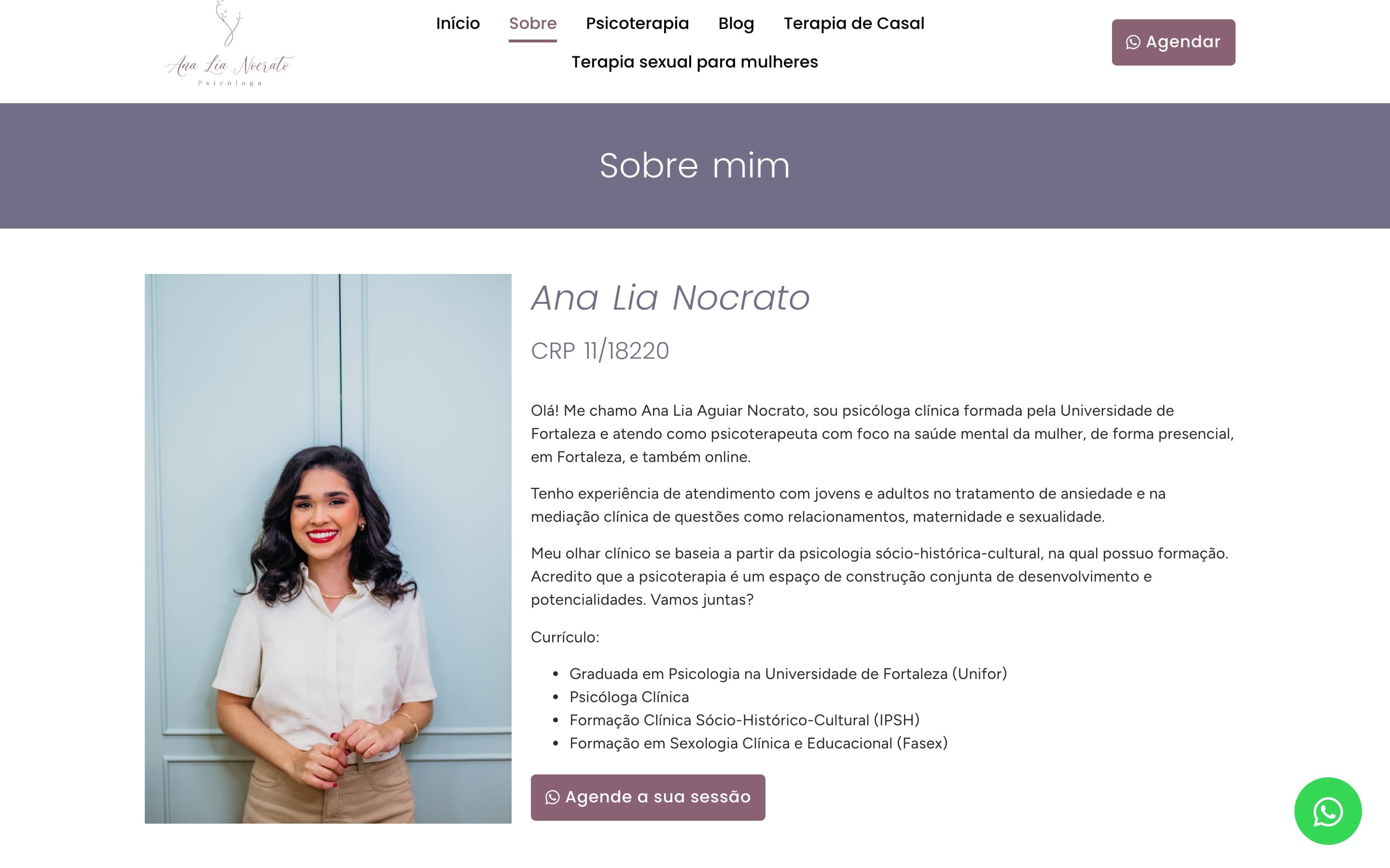 Página Sobre do site anterior, com nome, CRP, texto de apresentação mencionando jovens e adultos, e uma lista de currículo