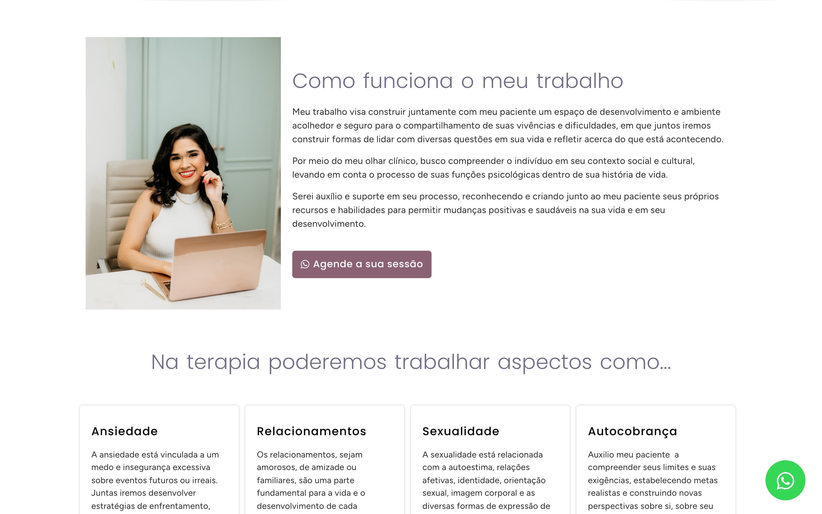 Seção “Como funciona o meu trabalho” do site anterior, com três parágrafos densos escritos em terceira pessoa
