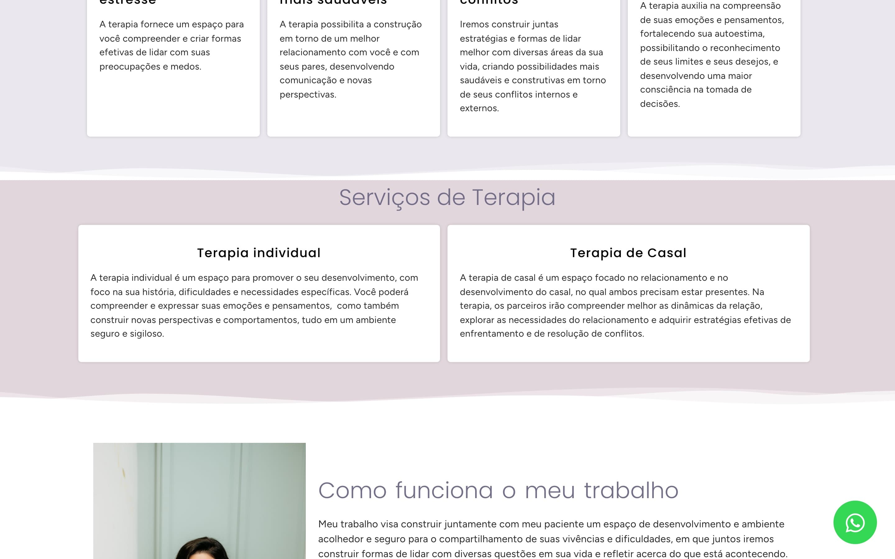 Seção “Serviços de Terapia” do site anterior, com dois cards descrevendo terapia individual e terapia de casal, sem duração ou frequência