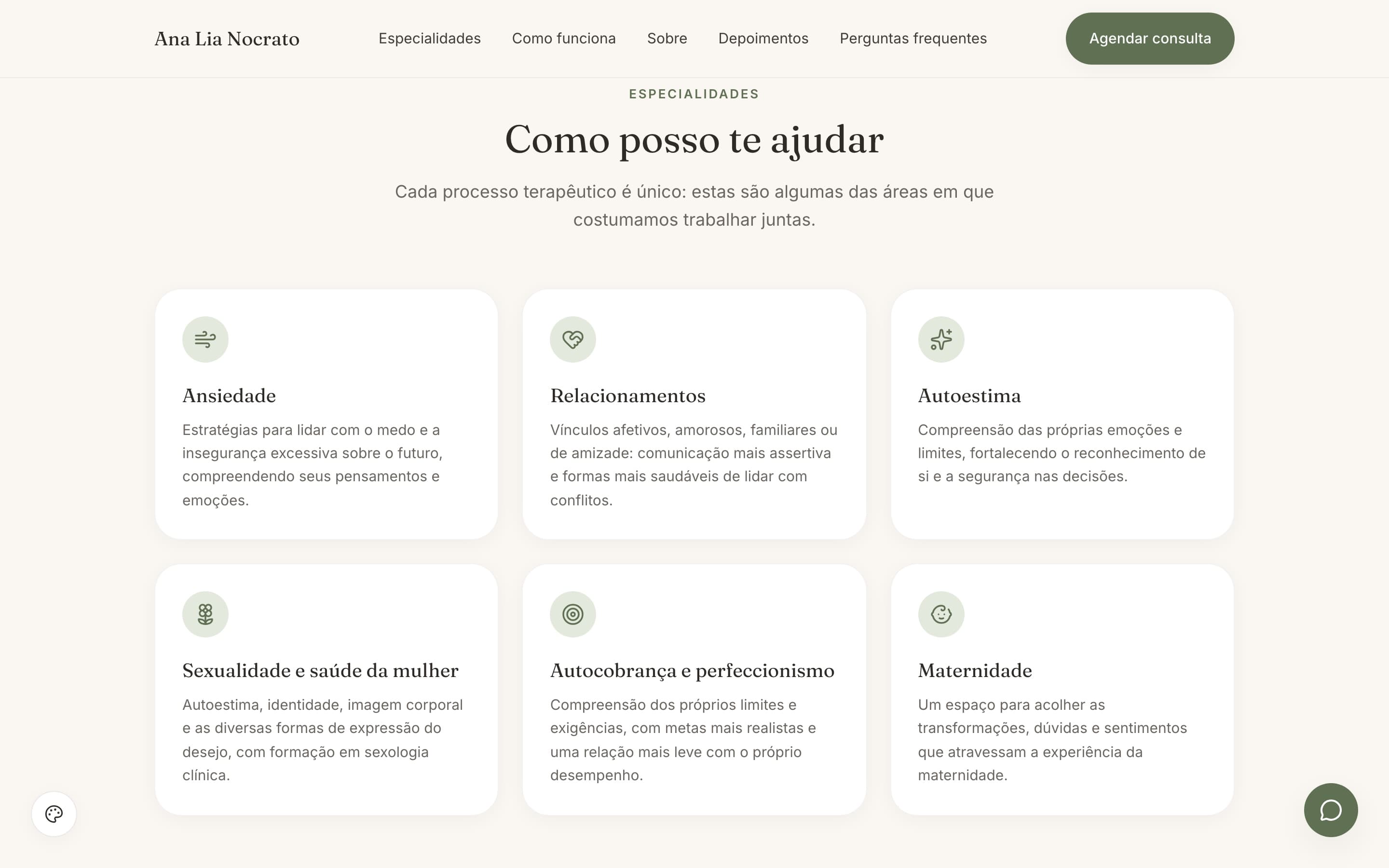 Seção “Como posso te ajudar” do novo site, com seis cards curtos e ícones: ansiedade, relacionamentos, autoestima, sexualidade e saúde da mulher, autocobrança e maternidade