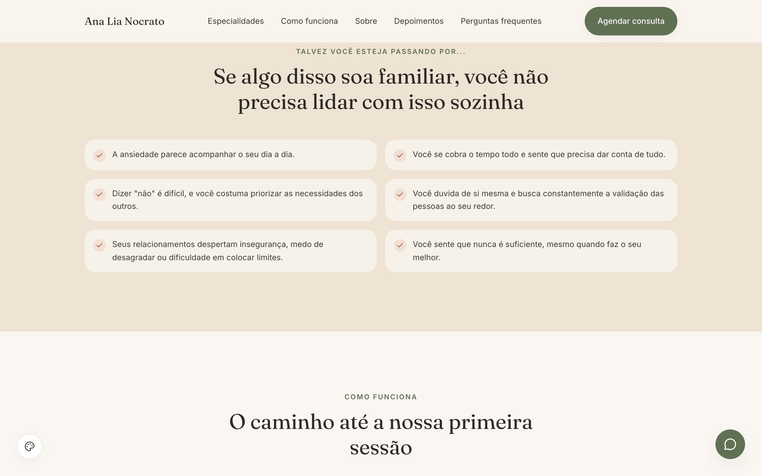Seção “Se algo disso soa familiar, você não precisa lidar com isso sozinha”, com seis frases em segunda pessoa sobre ansiedade, autocobrança e dificuldade de colocar limites
