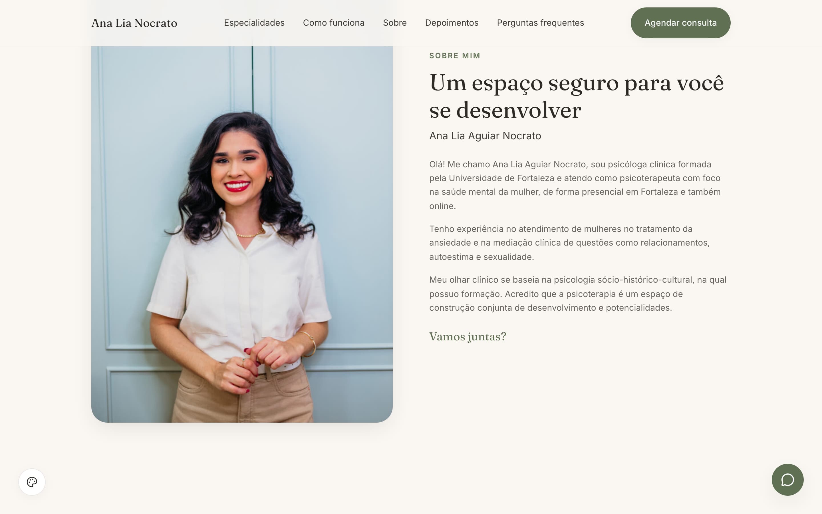 Seção “Sobre mim” do novo site, com a apresentação da psicóloga ao lado da foto e o texto mencionando atendimento a mulheres