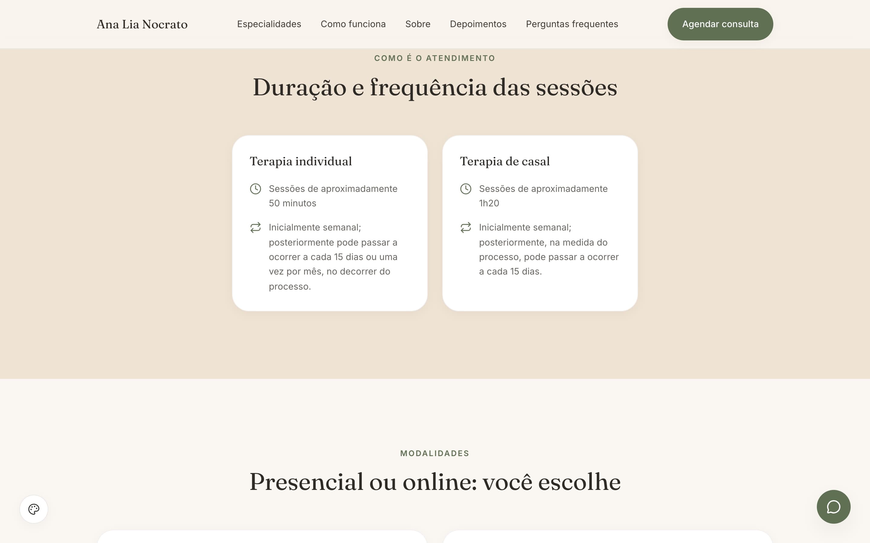Seção “Duração e frequência das sessões” do novo site, com dois cards informando 50 minutos para terapia individual e 1h20 para terapia de casal, além da frequência