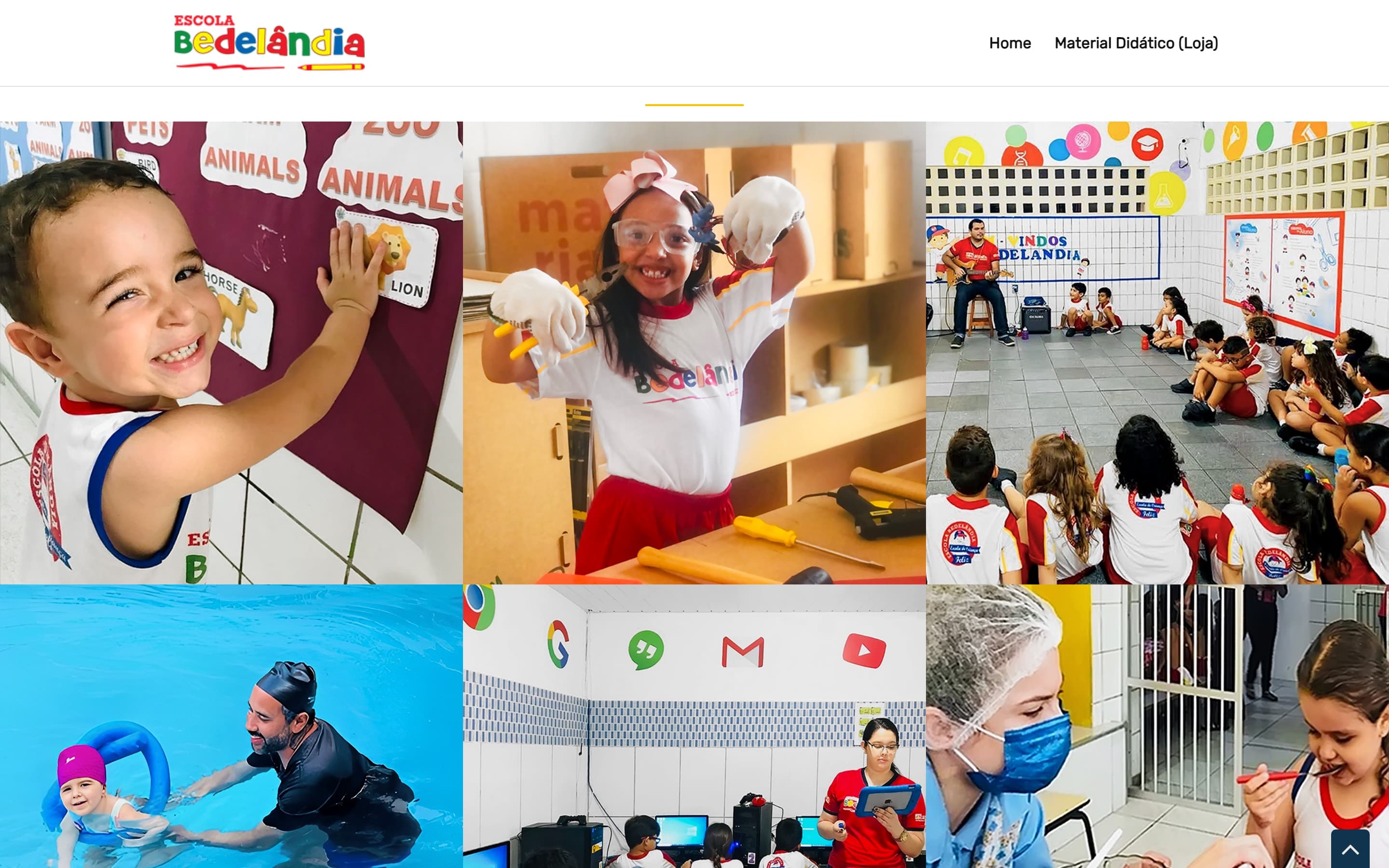 Seção de atividades do site anterior, com seis fotos de crianças em grade, sem nenhum título ou descrição visível