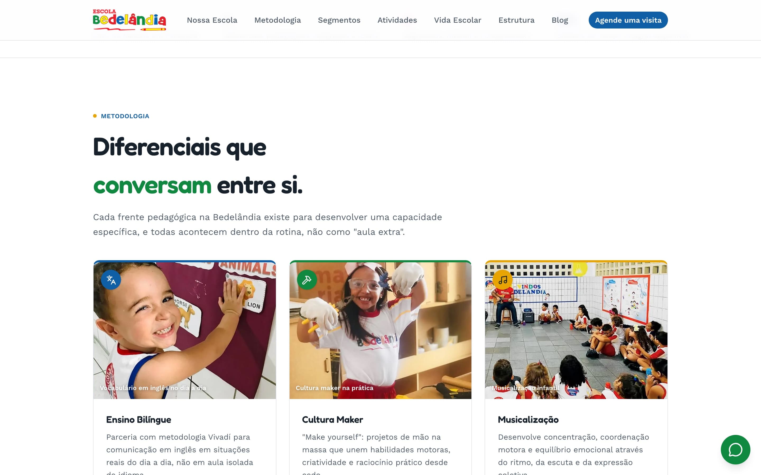 Seção de metodologia do novo site, com cards nomeando ensino bilíngue, cultura maker, musicalização, natação, programação e acompanhamento nutricional, cada um com descrição