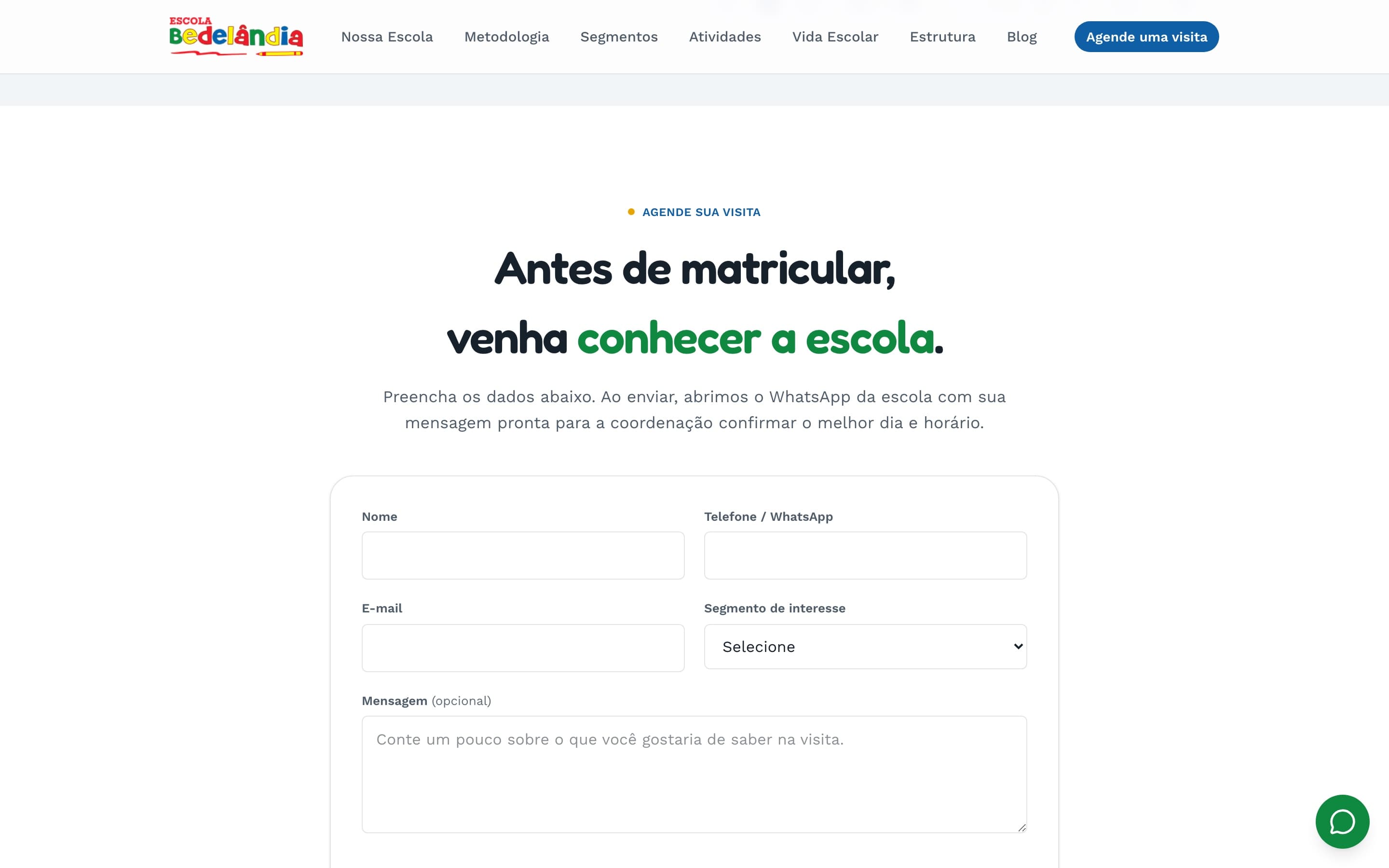 Seção de agendamento de visita, com formulário pedindo nome, telefone, e-mail e segmento de interesse por faixa etária