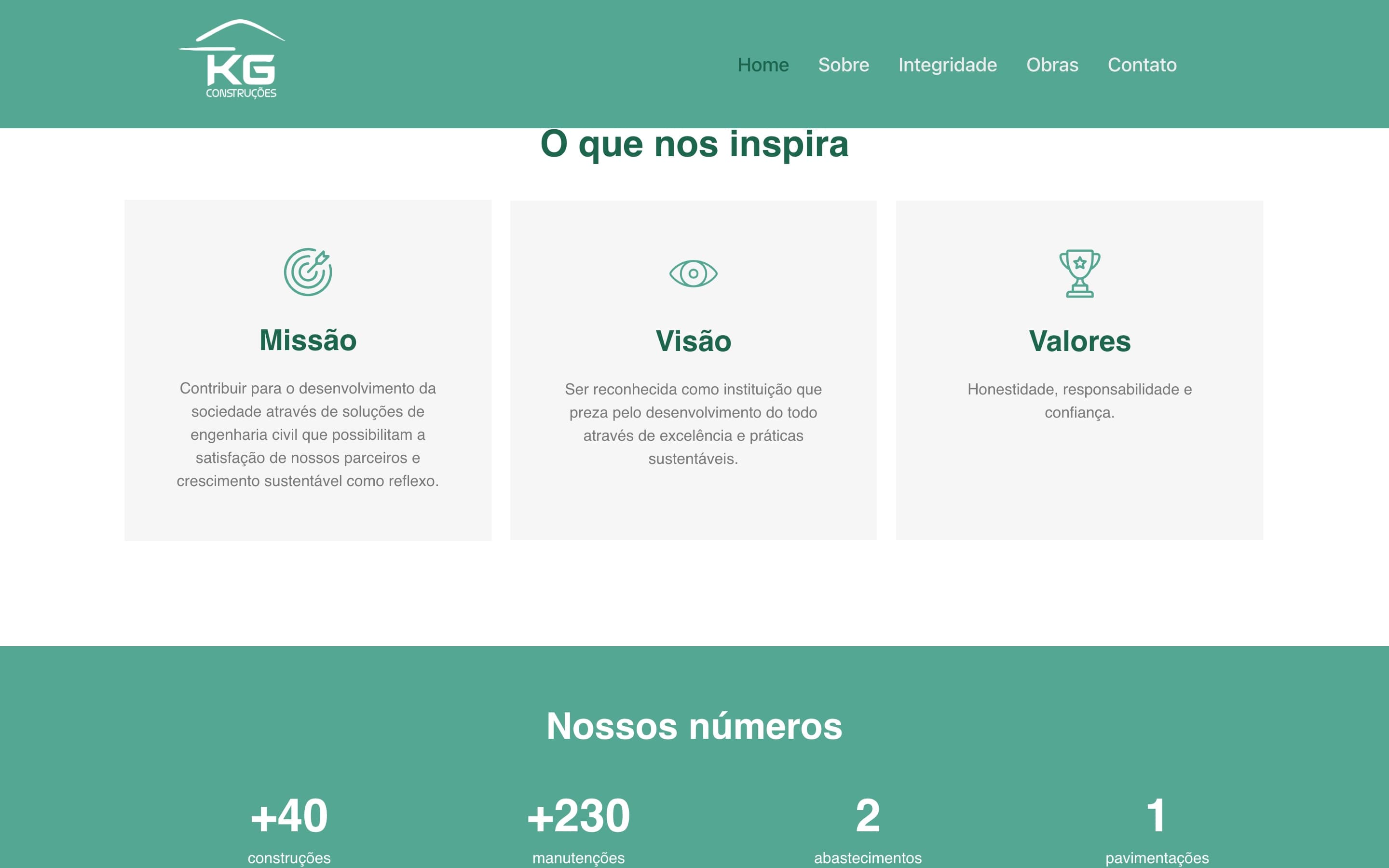 Bloco do site anterior com três cards de missão, visão e valores, sem texto de apresentação da empresa