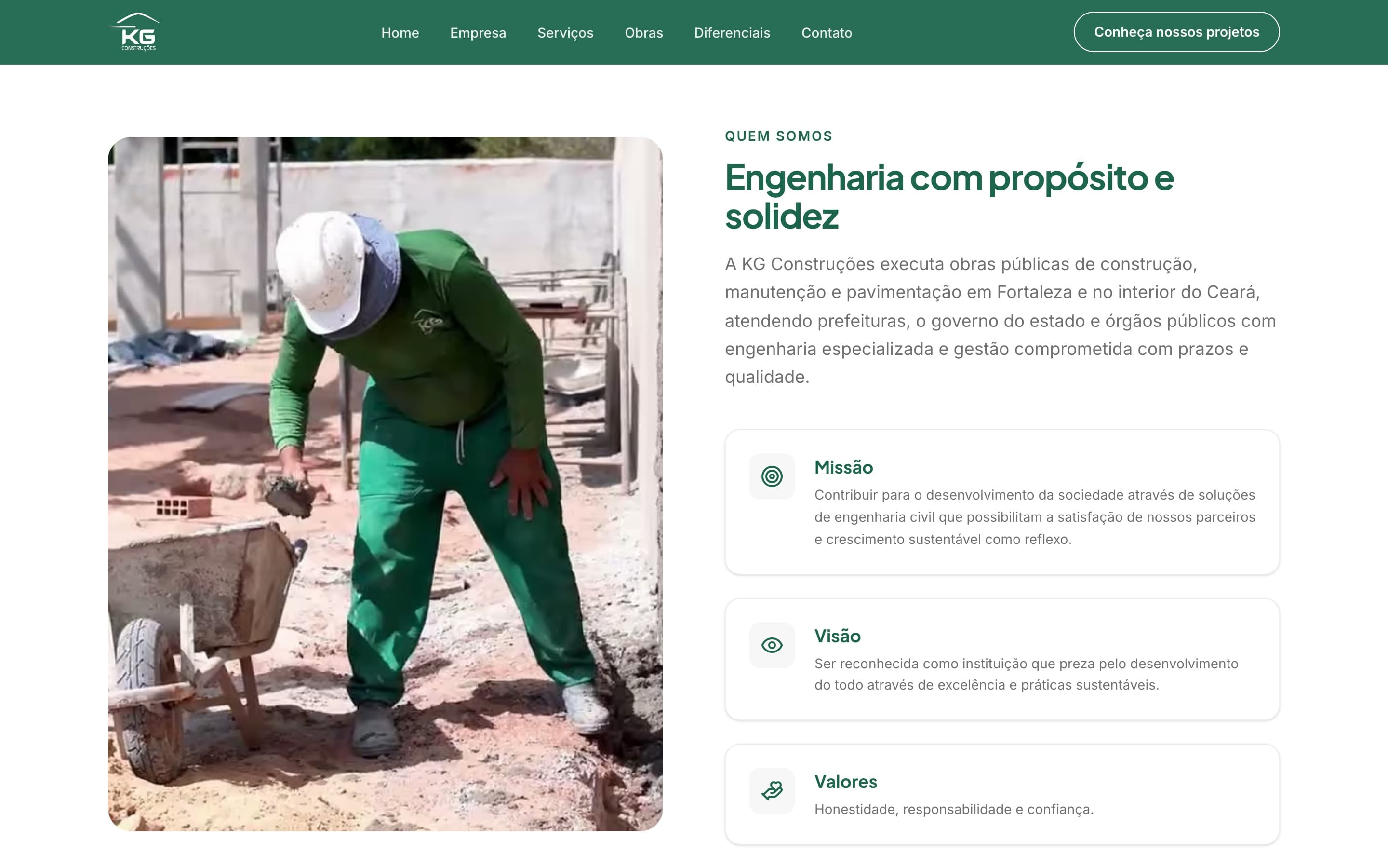 Seção “Quem somos” do novo site, com a descrição da operação da empresa ao lado de uma foto de obra e os cards de missão, visão e valores logo abaixo
