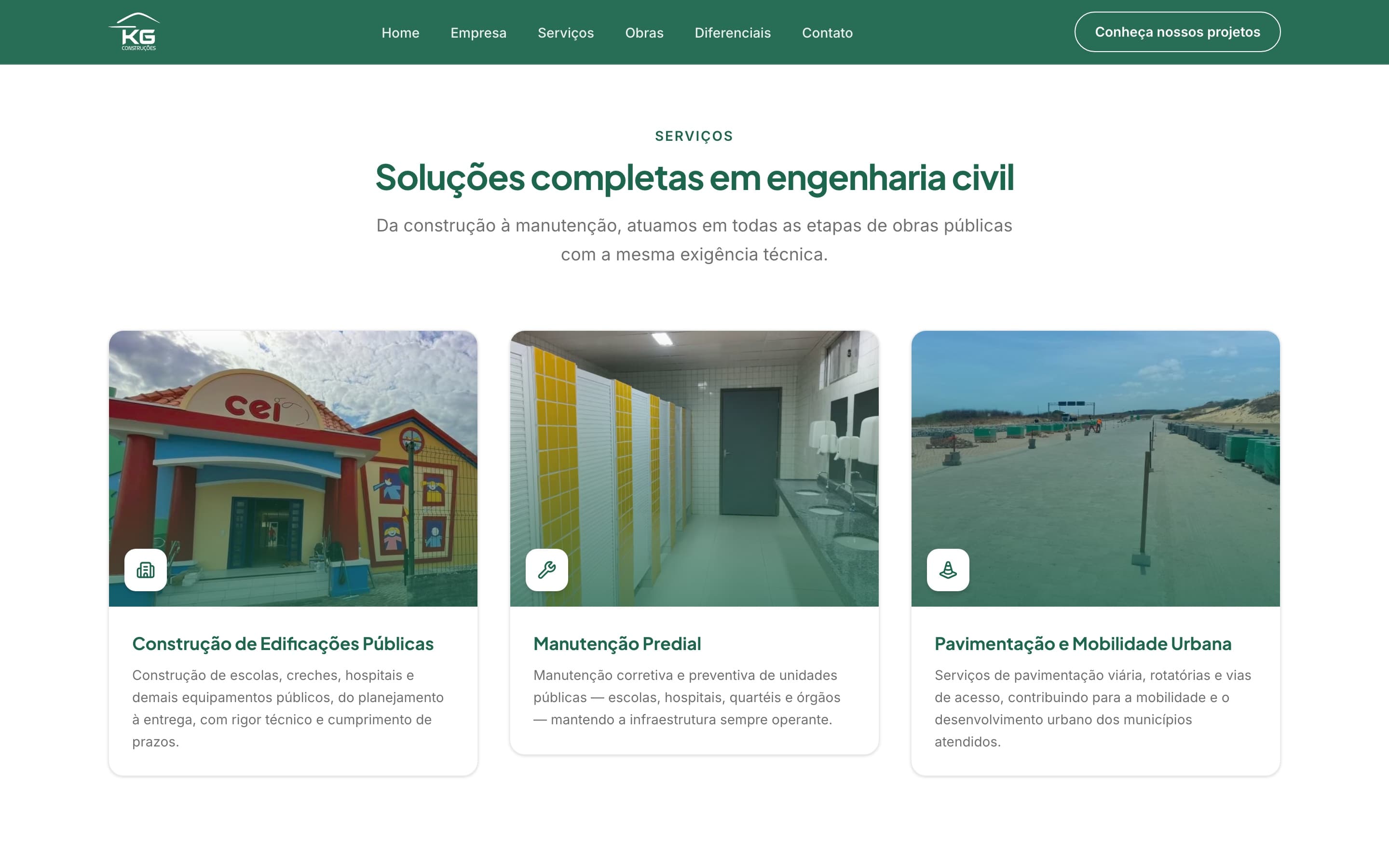 Seção de serviços do novo site, com cards de construção de edificações públicas, manutenção predial e pavimentação