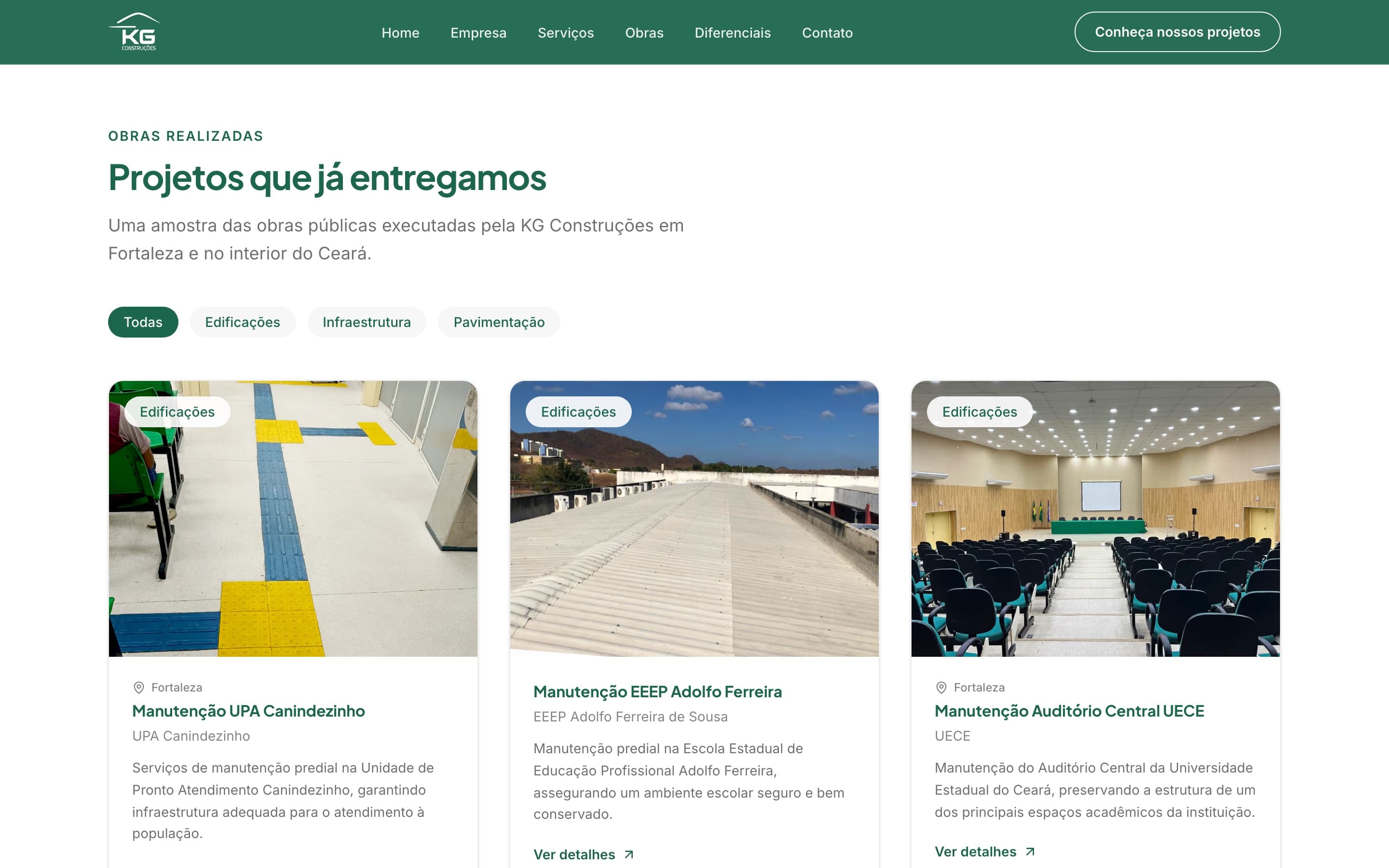 Seção de obras do novo site, com filtros por categoria e cards contendo tipo, cidade, cliente e descrição