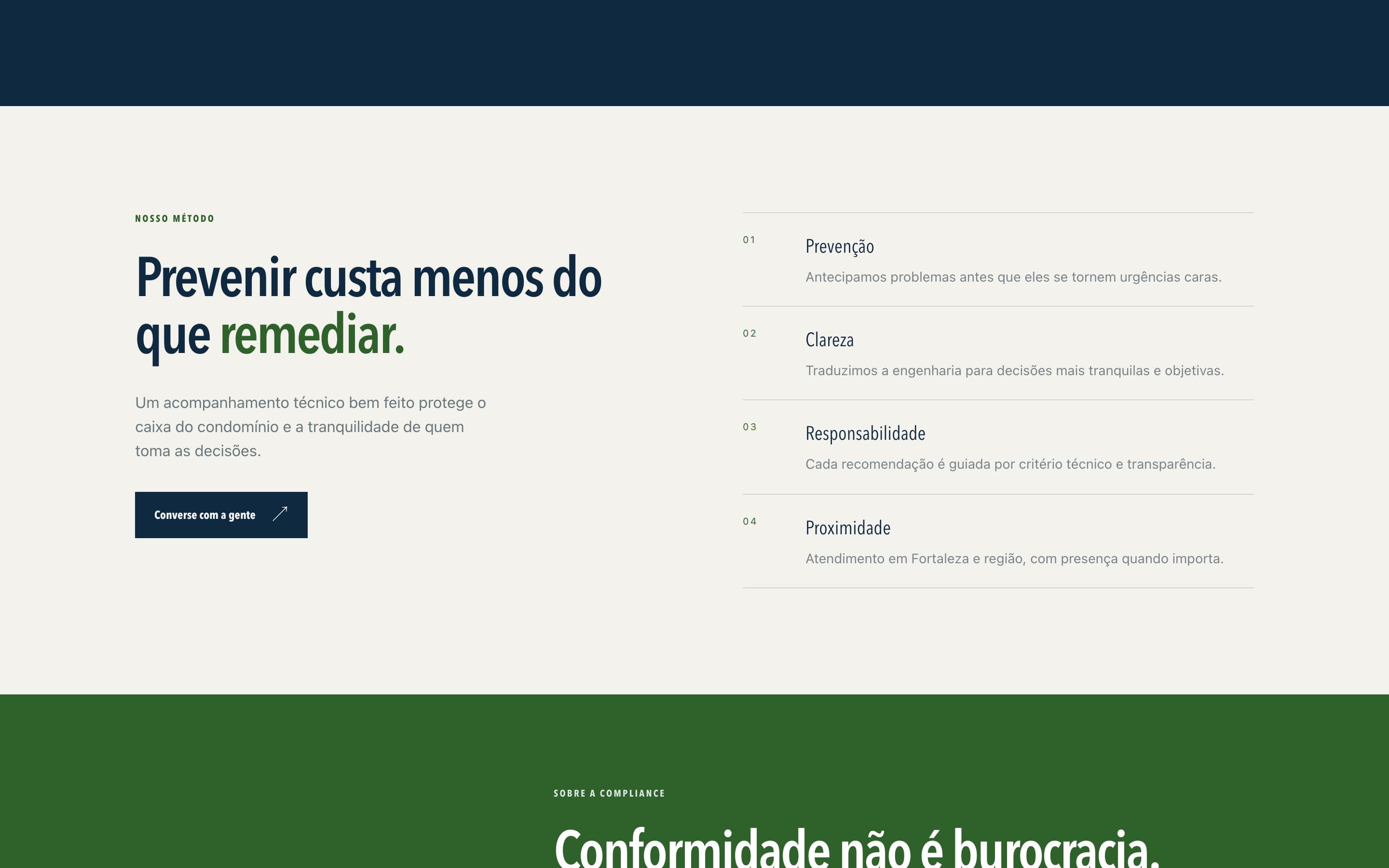 Seção “Nosso método” com quatro pilares: prevenção, clareza, responsabilidade e proximidade