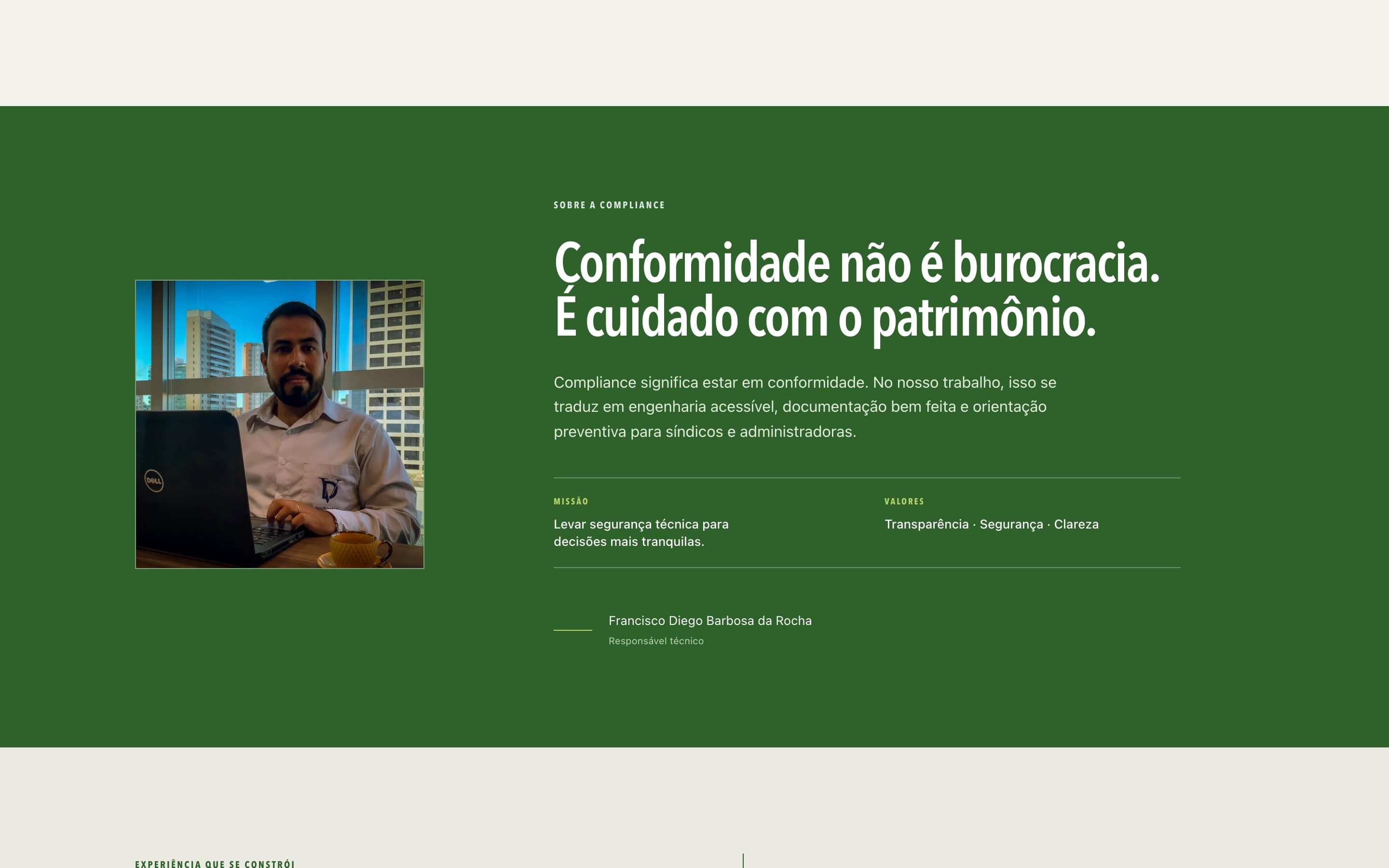 Seção “Sobre a Compliance”, com a definição da palavra conformidade, missão, valores e o nome do responsável técnico