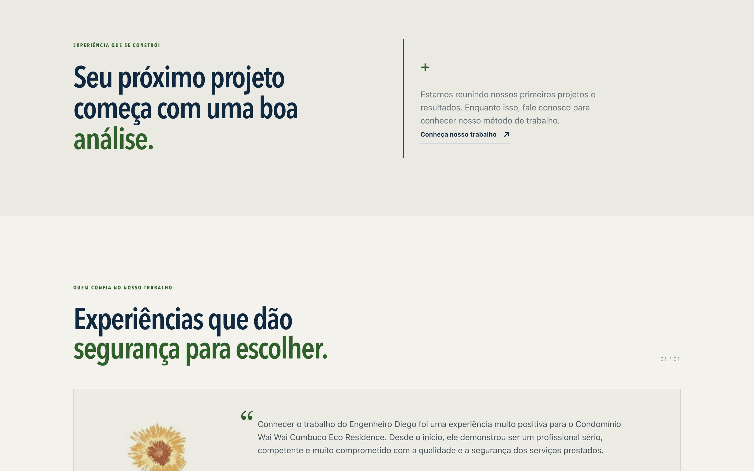 Seção de projetos declarando que a empresa está reunindo seus primeiros projetos e resultados