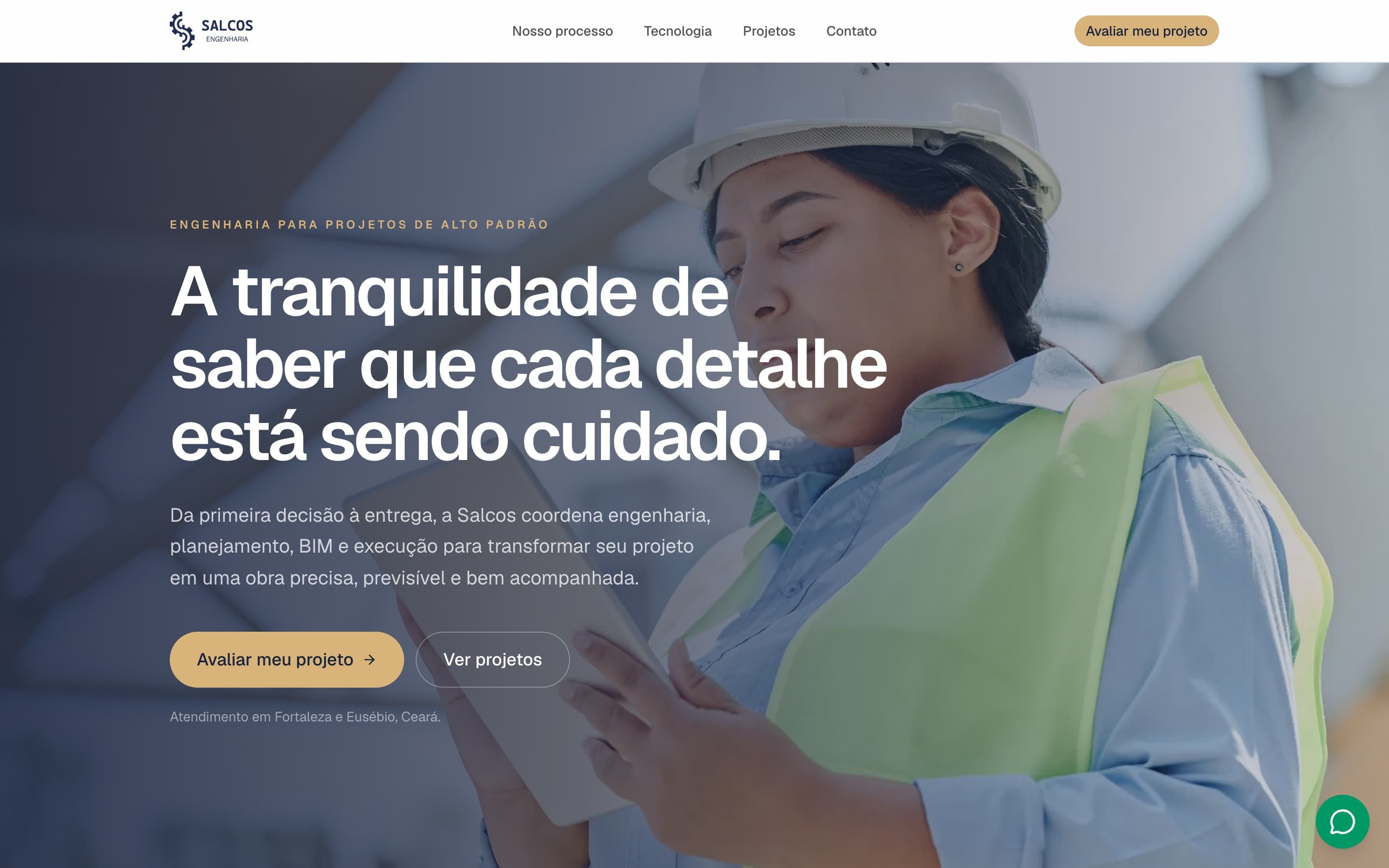 Topo do site da Salcos, com o título “A tranquilidade de saber que cada detalhe está sendo cuidado” sobre fundo navy com acento dourado