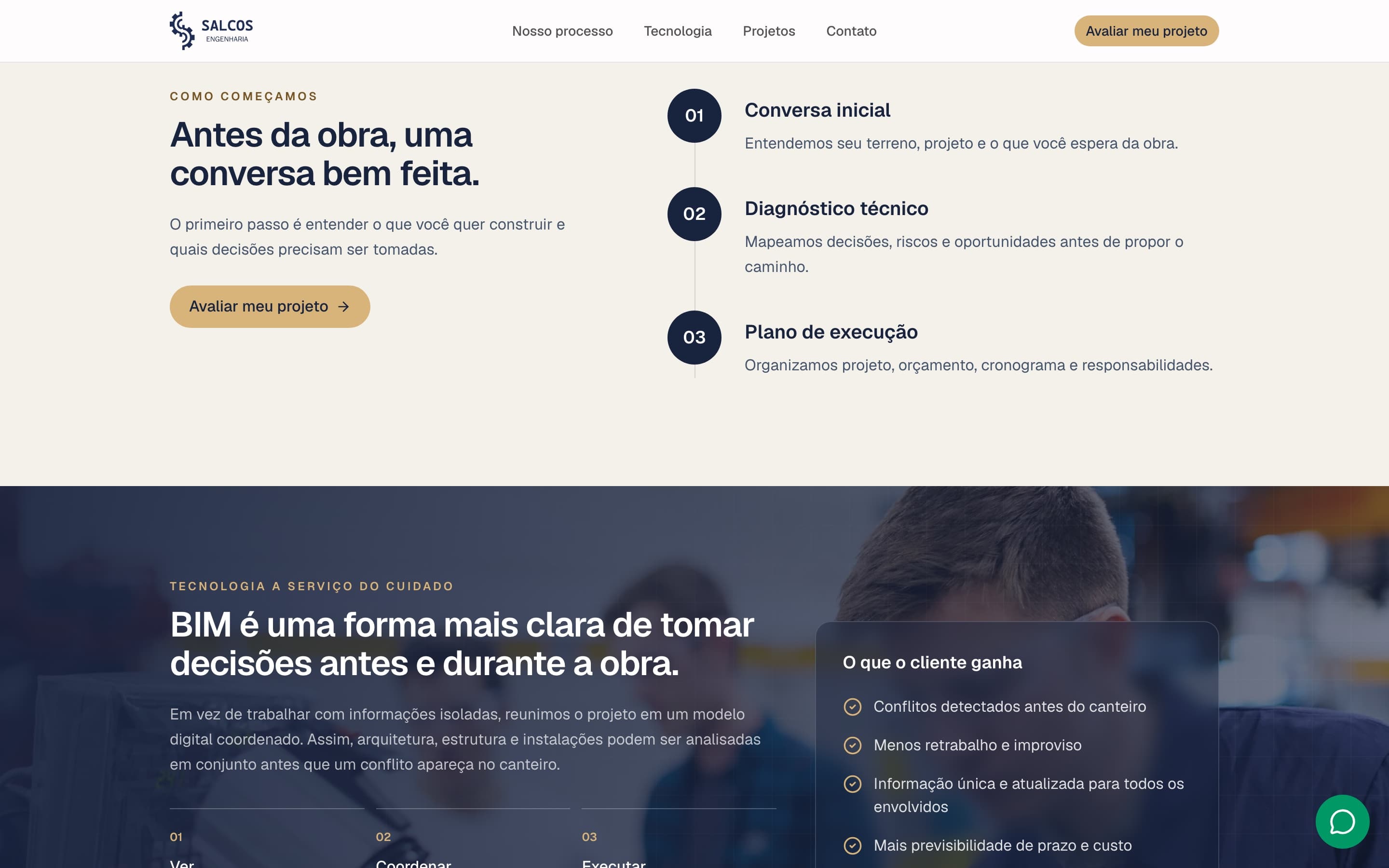 Seção “Antes da obra, uma conversa bem feita” com as três etapas do processo da Salcos