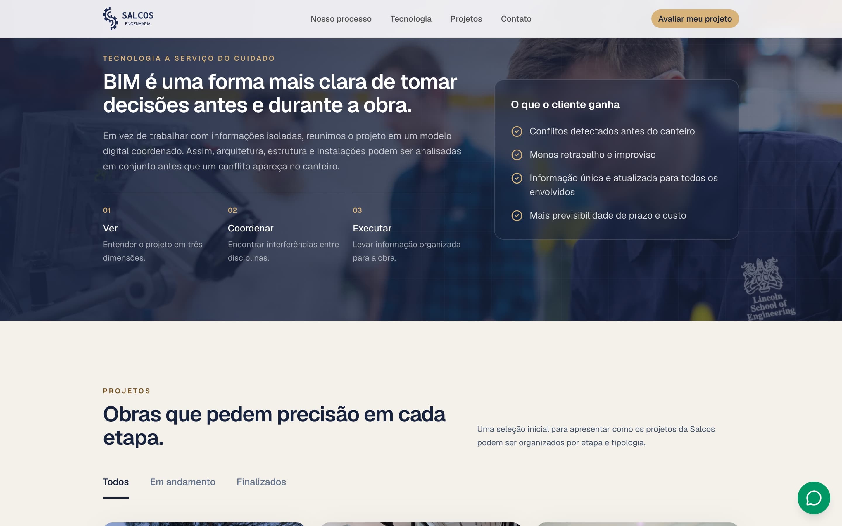 Seção explicando BIM em três etapas, ver, coordenar e executar, com a lista do que o cliente ganha