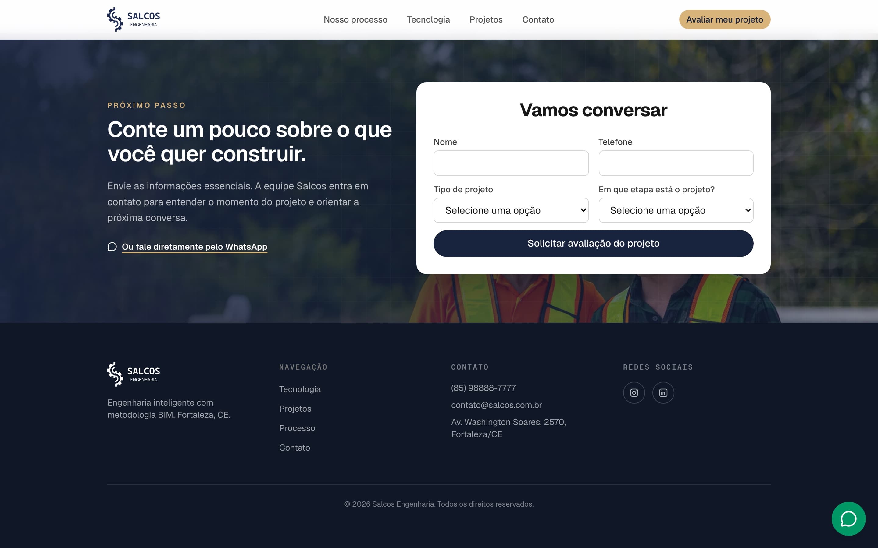 Formulário do site da Salcos, com campos de tipo de projeto e etapa em que o projeto se encontra